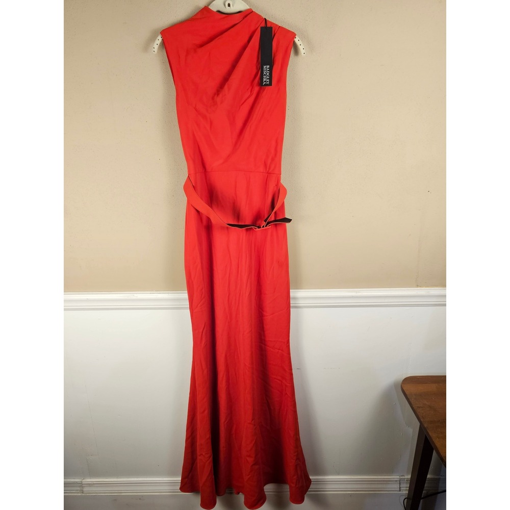 NWT Badgley Mischka Womens Orange Red Belted Pleated Cady‎ Gown 6